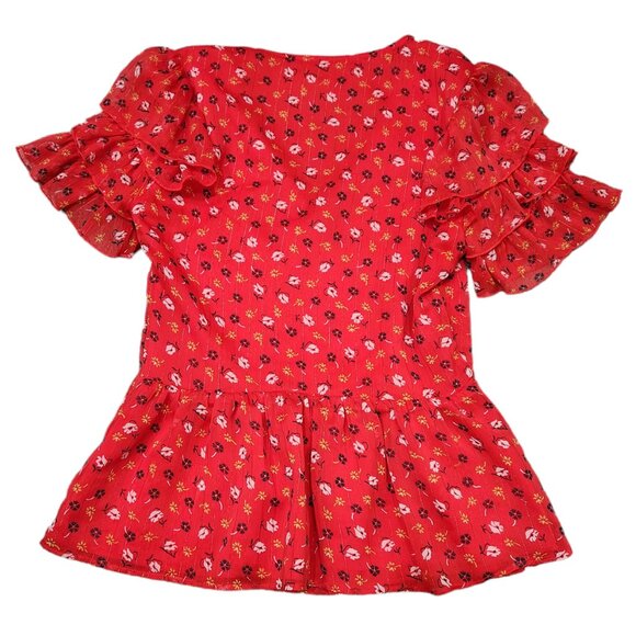 Madewell Red Tiered Sleeve Peplum Top Metallic Prairie Posies Ruffle 00 - Picture 6 of 10